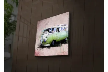 Canvastavla med LED-belysning 28x28 cm - Vintage Volkswagen skåpbil i grön nyans - Grön / Rosa / Vit - Inredning - Tavlor & posters - Canvastavla