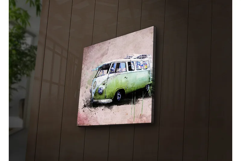 Canvastavla med LED-belysning 28x28 cm - Vintage Volkswagen skåpbil i grön nyans - Grön / Rosa / Vit - Inredning - Tavlor & posters - Canvastavla