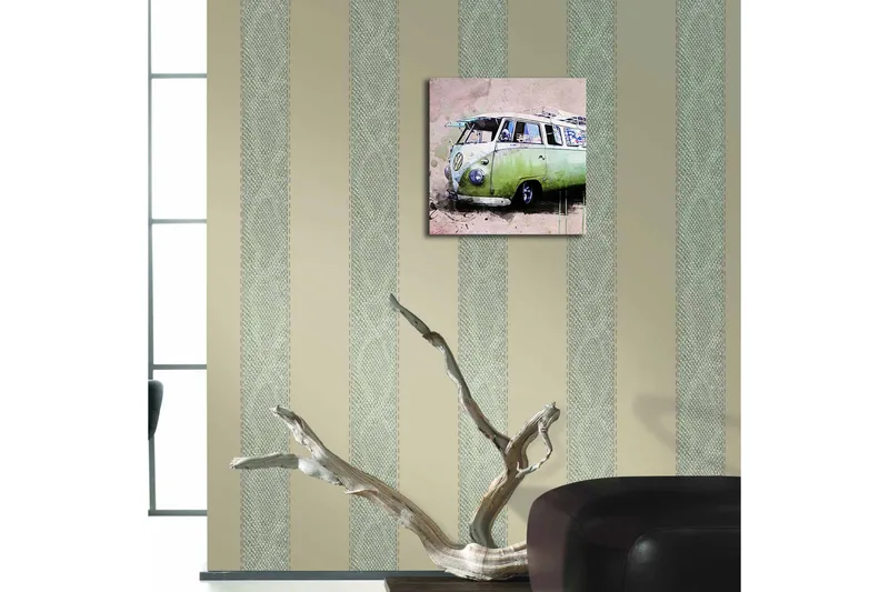 Canvastavla med LED-belysning 28x28 cm - Vintage Volkswagen skåpbil i grön nyans - Grön / Rosa / Vit - Inredning - Tavlor & posters - Canvastavla