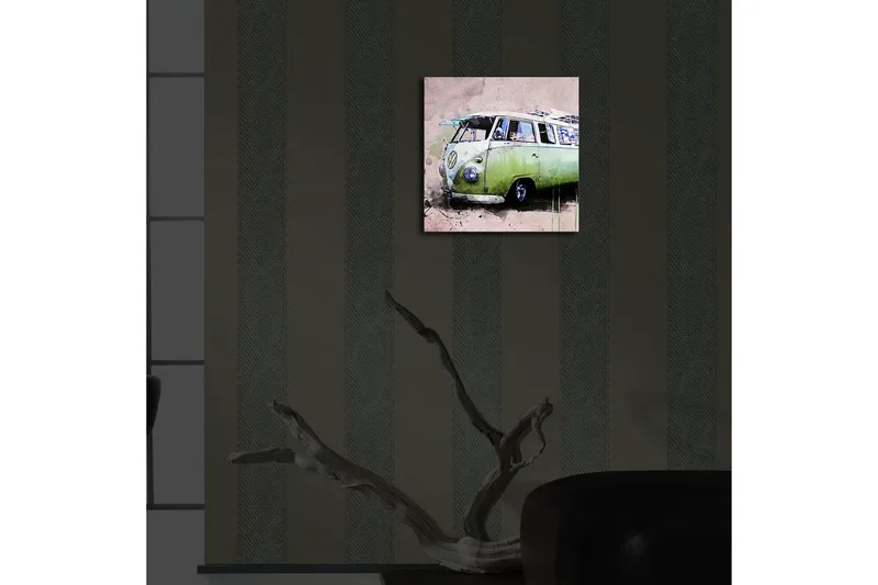 Canvastavla med LED-belysning 28x28 cm - Vintage Volkswagen skåpbil i grön nyans - Grön / Rosa / Vit - Inredning - Tavlor & posters - Canvastavla