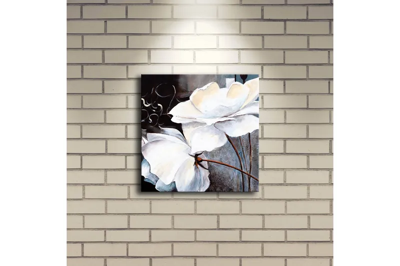Canvastavla med LED-belysning 28x28 cm - Vita blommor med eleganta detaljer - Vit / Grå / Brun - Inredning - Tavlor & posters - Canvastavla