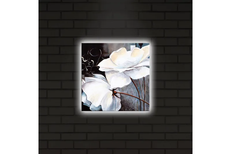 Canvastavla med LED-belysning 28x28 cm - Vita blommor med eleganta detaljer - Vit / Grå / Brun - Inredning - Tavlor & posters - Canvastavla