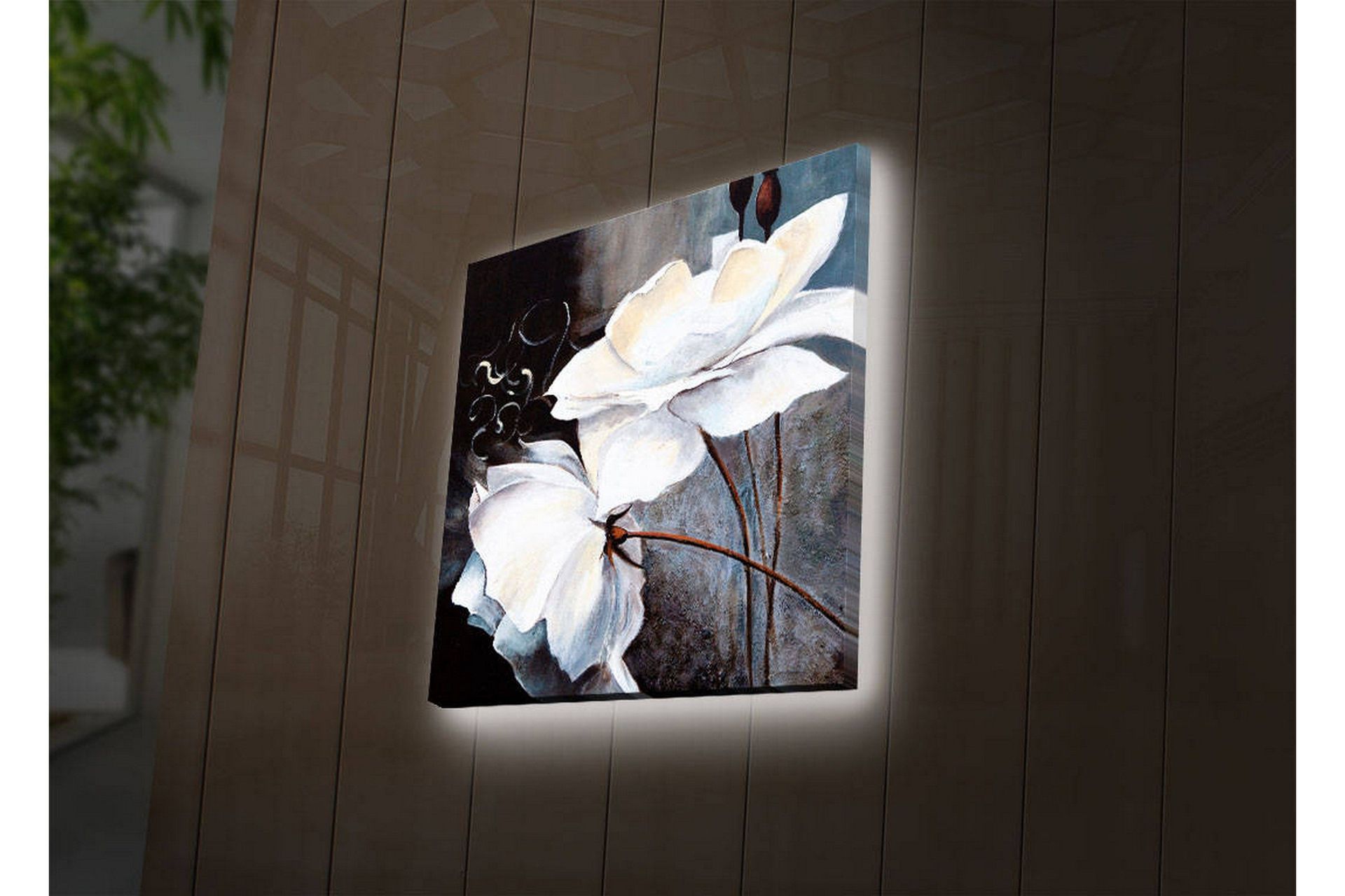 Canvastavla med LED-belysning 28x28 cm - Vita blommor med eleganta detaljer - Vit / Grå / Brun