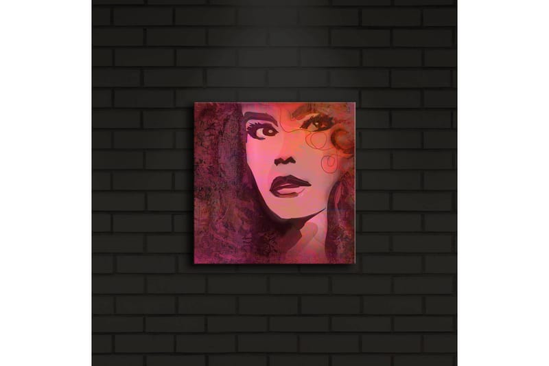 Canvastavla med LED-belysning 28x28 cm - Porträtt av en kvinna med starka uttryck och färgstarka detaljer - Rosa / Lila / Svart - Inredning - Tavlor & posters - Canvastavla
