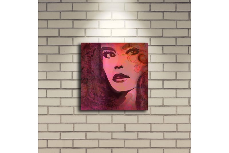 Canvastavla med LED-belysning 28x28 cm - Porträtt av en kvinna med starka uttryck och färgstarka detaljer - Rosa / Lila / Svart - Inredning - Tavlor & posters - Canvastavla