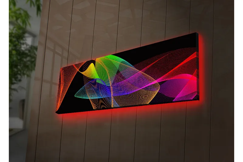 Canvastavla med LED-belysning 30x90 cm - Abstrakt komposition med färgglada linjer och former - Röd / Grön / Lila - Inredning - Tavlor & posters - Canvastavla