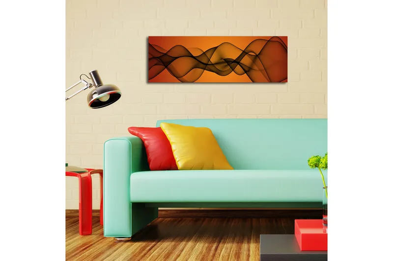 Canvastavla med LED-belysning 30x90 cm - Abstrakt komposition med svepande linjer i varma toner - Orange / Svart - Inredning - Tavlor & posters - Canvastavla