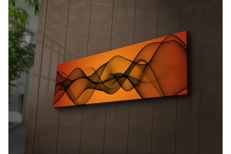 Canvastavla med LED-belysning 30x90 cm - Abstrakt komposition med svepande linjer i varma toner - Orange / Svart - Inredning - Tavlor & posters - Canvastavla