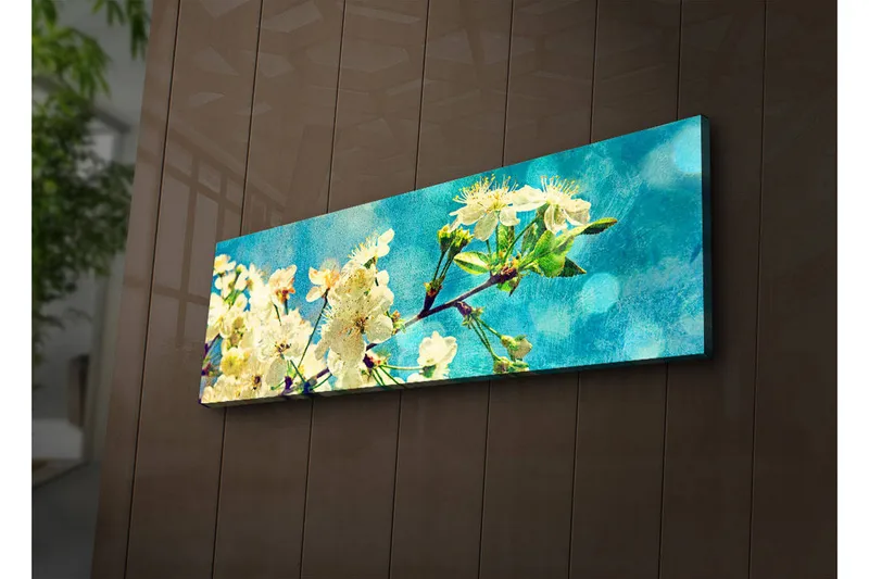 Canvastavla med LED-belysning 30x90 cm - Blommande körsbärsgrenar mot en ljusblå bakgrund - Vit / Ljusblå / Grön - Inredning - Tavlor & posters - Canvastavla