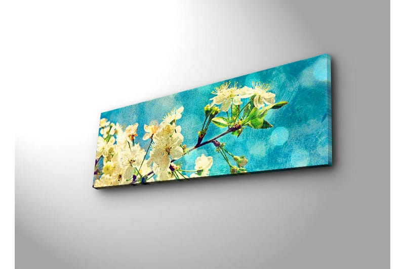 Canvastavla med LED-belysning 30x90 cm - Blommande körsbärsgrenar mot en ljusblå bakgrund - Vit / Ljusblå / Grön - Inredning - Tavlor & posters - Canvastavla