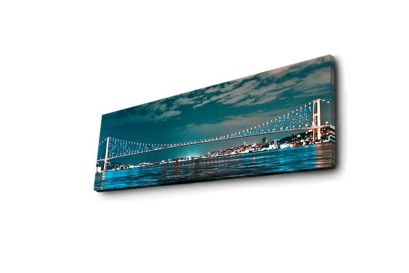 Canvastavla med LED-belysning 30x90 cm - Bro över en stilla vattenyta med stadsljus i bakgrunden - Mörkblå / Turkos / Ljusgrön - Inredning - Tavlor & posters - Canvastavla