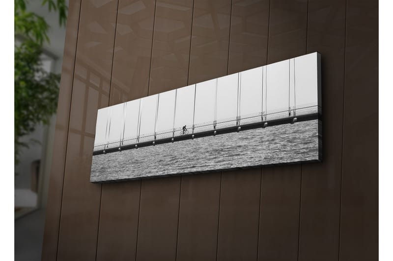 Canvastavla med LED-belysning 30x90 cm - Cyklist på en bro över vatten - Svart / Vitt / Grått - Inredning - Tavlor & posters - Canvastavla