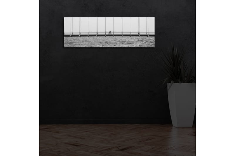 Canvastavla med LED-belysning 30x90 cm - Cyklist på en bro över vatten - Svart / Vitt / Grått - Inredning - Tavlor & posters - Canvastavla