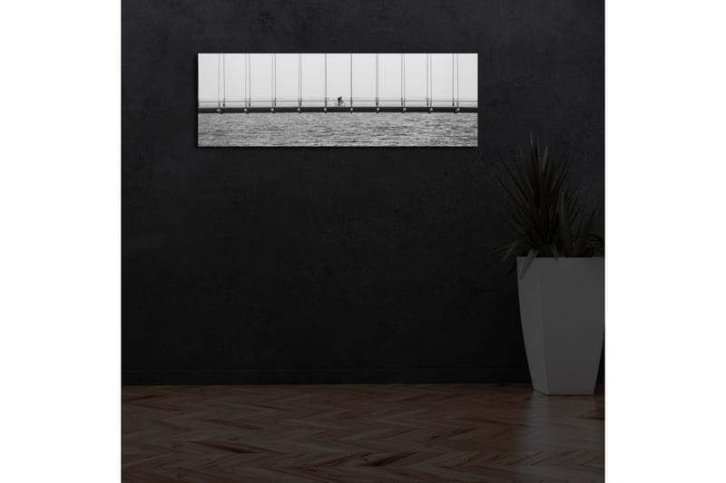 Canvastavla med LED-belysning 30x90 cm - Cyklist på en bro över vatten - Svart / Vitt / Grått - Inredning - Tavlor & posters - Canvastavla