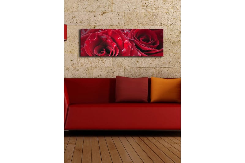 Canvastavla med LED-belysning 30x90 cm - Djupa röda rosor med vattendroppar - Röd / Grön - Inredning - Tavlor & posters - Canvastavla