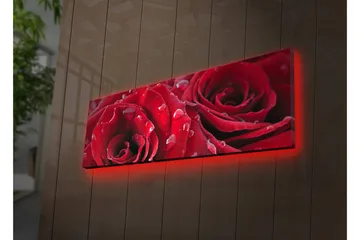 Canvastavla med LED-belysning 30x90 cm - Djupa röda rosor med vattendroppar - Röd / Grön - Inredning - Tavlor & posters - Canvastavla