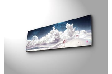 Canvastavla med LED-belysning 30x90 cm - Drömlik landskap med en ensam figur som bär ett paraply i en snöig miljö under en stjärnklar himmel - Blå / Vit / Rosa - Inredning - Tavlor & posters - Canvastavla