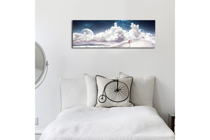 Canvastavla med LED-belysning 30x90 cm - Drömlik landskap med en ensam figur som bär ett paraply i en snöig miljö under en stjärnklar himmel - Blå / Vit / Rosa - Inredning - Tavlor & posters - Canvastavla