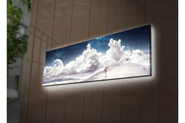 Canvastavla med LED-belysning 30x90 cm - Drömlik landskap med en ensam figur som bär ett paraply i en snöig miljö under en stjärnklar himmel - Blå / Vit / Rosa - Inredning - Tavlor & posters - Canvastavla