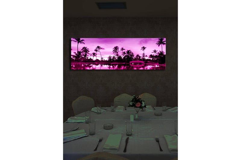 Canvastavla med LED-belysning 30x90 cm - Drömlik strandscen med palmer i skymningens ljus - Lila / Svart - Inredning - Tavlor & posters - Canvastavla