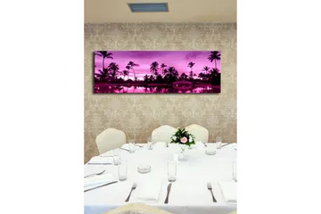 Canvastavla med LED-belysning 30x90 cm - Drömlik strandscen med palmer i skymningens ljus - Lila / Svart - Inredning - Tavlor & posters - Canvastavla