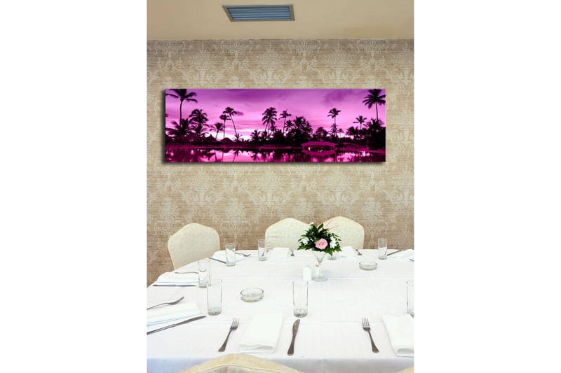 Canvastavla med LED-belysning 30x90 cm - Drömlik strandscen med palmer i skymningens ljus - Lila / Svart - Inredning - Tavlor & posters - Canvastavla