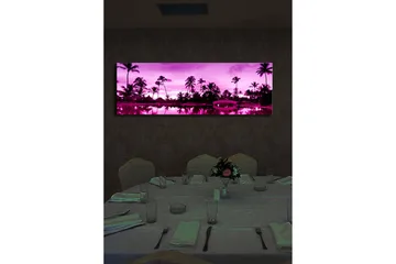 Canvastavla med LED-belysning 30x90 cm - Drömlik strandscen med palmer i skymningens ljus - Lila / Svart - Inredning - Tavlor & posters - Canvastavla