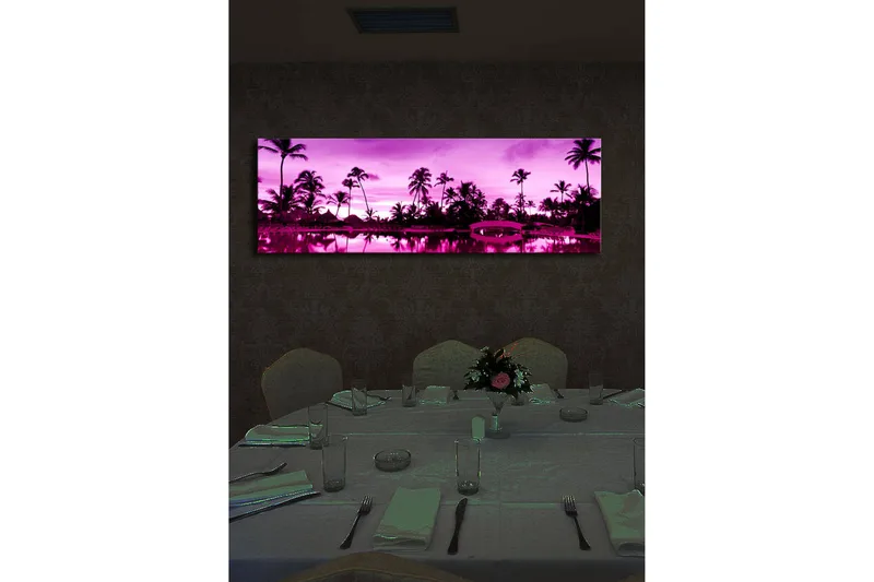Canvastavla med LED-belysning 30x90 cm - Drömlik strandscen med palmer i skymningens ljus - Lila / Svart - Inredning - Tavlor & posters - Canvastavla