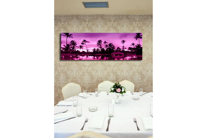 Canvastavla med LED-belysning 30x90 cm - Drömlik strandscen med palmer i skymningens ljus - Lila / Svart - Inredning - Tavlor & posters - Canvastavla