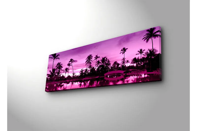 Canvastavla med LED-belysning 30x90 cm - Drömlik strandscen med palmer i skymningens ljus - Lila / Svart - Inredning - Tavlor & posters - Canvastavla