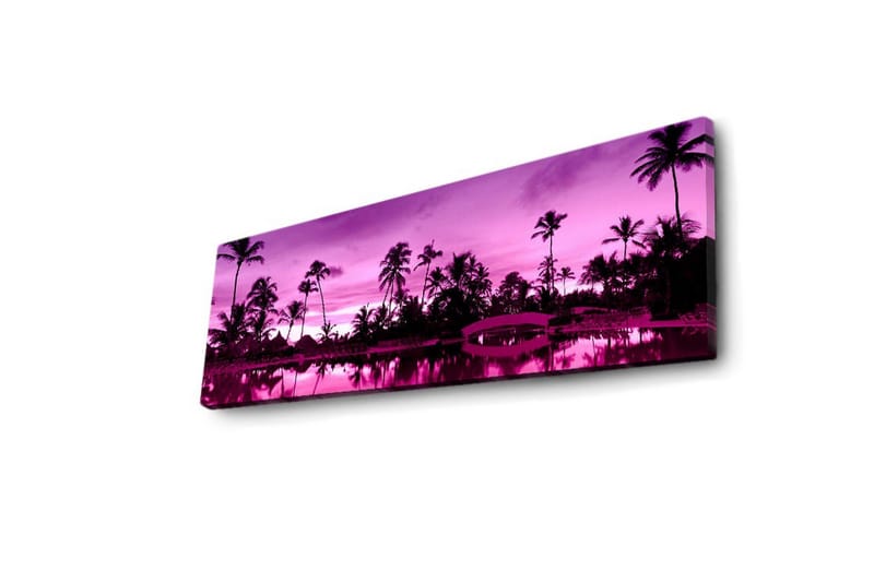 Canvastavla med LED-belysning 30x90 cm - Drömlik strandscen med palmer i skymningens ljus - Lila / Svart - Inredning - Tavlor & posters - Canvastavla