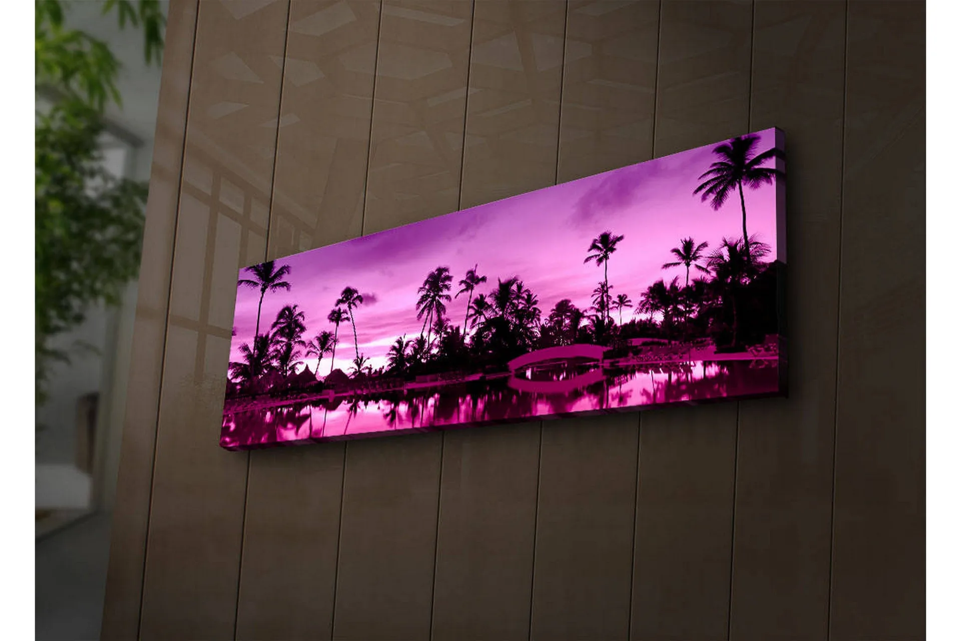 Canvastavla med LED-belysning 30x90 cm - Drömlik strandscen med palmer i skymningens ljus - Lila / Svart