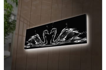 Canvastavla med LED-belysning 30x90 cm - Eleganta svanar i vattenrörelse - Svart / Vitt / Grått - Inredning - Tavlor & posters - Canvastavla