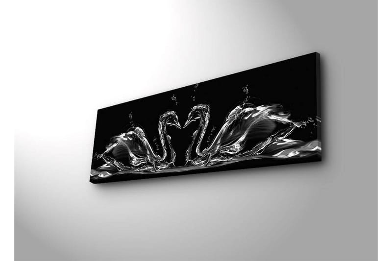 Canvastavla med LED-belysning 30x90 cm - Eleganta svanar i vattenrörelse - Svart / Vitt / Grått - Inredning - Tavlor & posters - Canvastavla