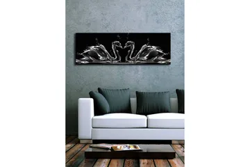 Canvastavla med LED-belysning 30x90 cm - Eleganta svanar i vattenrörelse - Svart / Vitt / Grått - Inredning - Tavlor & posters - Canvastavla