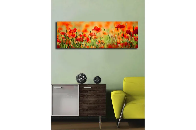 Canvastavla med LED-belysning 30x90 cm - Fält av röda vallmo-blommor i en grönskande omgivning - Röd / Grön / Orange - Inredning - Tavlor & posters - Canvastavla