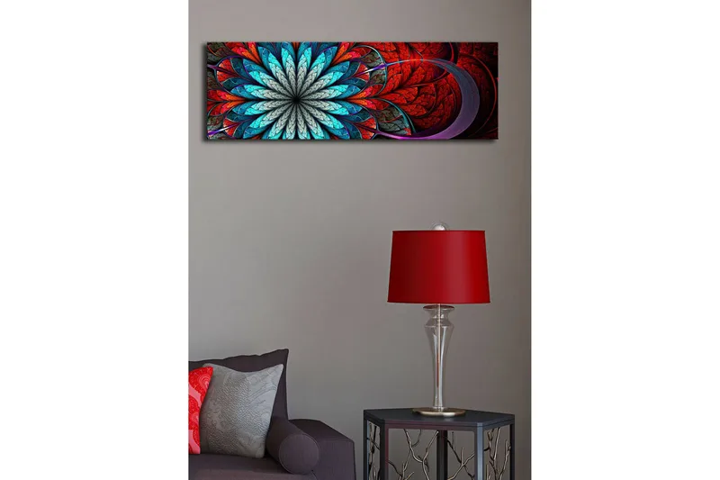 Canvastavla med LED-belysning 30x90 cm - Färgglad abstrakt komposition med blommoliknande mönster - Röd / Turkos / Grå - Inredning - Tavlor & posters - Canvastavla
