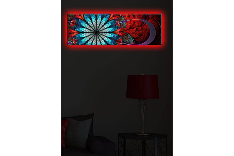 Canvastavla med LED-belysning 30x90 cm - Färgglad abstrakt komposition med blommoliknande mönster - Röd / Turkos / Grå - Inredning - Tavlor & posters - Canvastavla