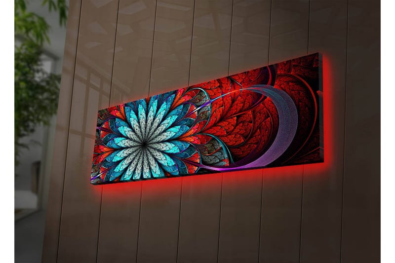 Canvastavla med LED-belysning 30x90 cm - Färgglad abstrakt komposition med blommoliknande mönster - Röd / Turkos / Grå - Inredning - Tavlor & posters - Canvastavla