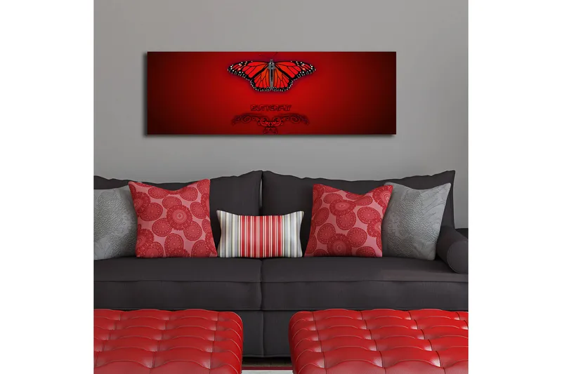 Canvastavla med LED-belysning 30x90 cm - Färgglad fjäril med detaljerade vingar - Röd / Svart / Orange - Inredning - Tavlor & posters - Canvastavla