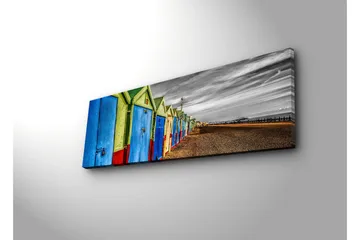 Canvastavla med LED-belysning 30x90 cm - Färgglada badhus i rad vid stranden - Blå / Grön / Röd - Inredning - Tavlor & posters - Canvastavla