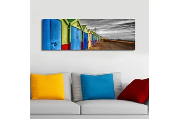 Canvastavla med LED-belysning 30x90 cm - Färgglada badhus i rad vid stranden - Blå / Grön / Röd - Inredning - Tavlor & posters - Canvastavla