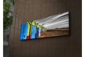 Canvastavla med LED-belysning 30x90 cm - Färgglada badhus i rad vid stranden - Blå / Grön / Röd - Inredning - Tavlor & posters - Canvastavla