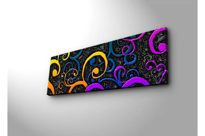 Canvastavla med LED-belysning 30x90 cm - Färgglada snirklar på en mörk bakgrund - Gul / Lila / Blå - Inredning - Tavlor & posters - Canvastavla