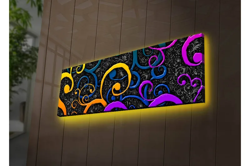 Canvastavla med LED-belysning 30x90 cm - Färgglada snirklar på en mörk bakgrund - Gul / Lila / Blå - Inredning - Tavlor & posters - Canvastavla