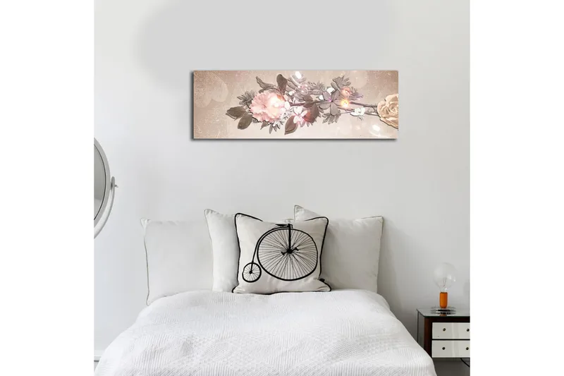 Canvastavla med LED-belysning 30x90 cm - Färgrik blomsterarrangemang med rosor och blad - Ljusrosa / Grön / Beige - Inredning - Tavlor & posters - Canvastavla