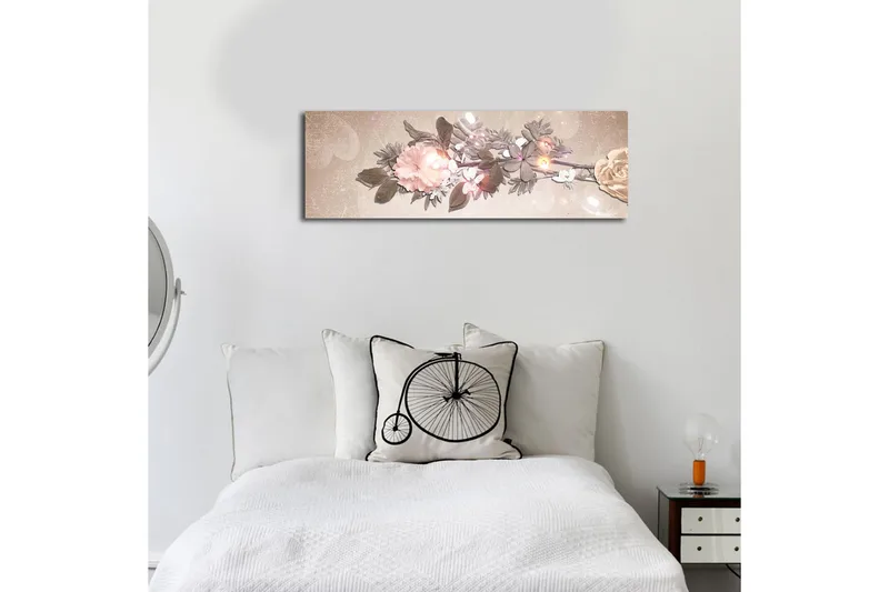 Canvastavla med LED-belysning 30x90 cm - Färgrik blomsterarrangemang med rosor och blad - Ljusrosa / Grön / Beige - Inredning - Tavlor & posters - Canvastavla