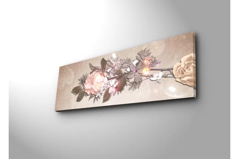 Canvastavla med LED-belysning 30x90 cm - Färgrik blomsterarrangemang med rosor och blad - Ljusrosa / Grön / Beige - Inredning - Tavlor & posters - Canvastavla