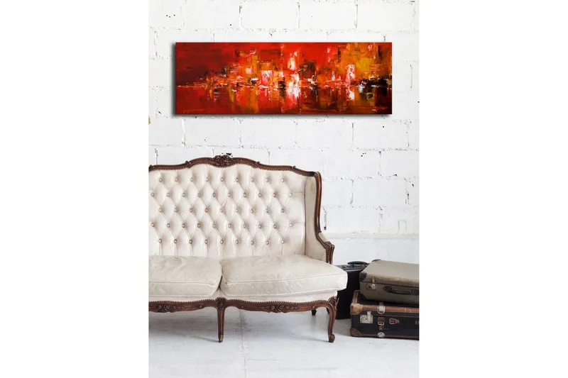 Canvastavla med LED-belysning 30x90 cm - Färgstark abstrakt komposition med inslag av röd och orange - Röd / Orange / Svart - Inredning - Tavlor & posters - Canvastavla