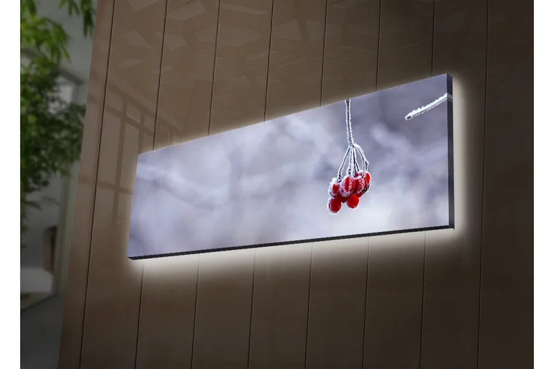 Canvastavla med LED-belysning 30x90 cm - Frostiga bär hängande från en gren - Röd / Grå / Vit - Inredning - Tavlor & posters - Canvastavla